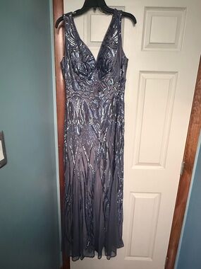 R&M Richards Beaded V-Neck Evening Gown in Slate Blue